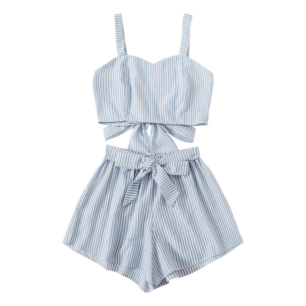 NWT SweatyRocks Blue & White Stripe Tie Back Crop Top & Shorts Set Women's Lg